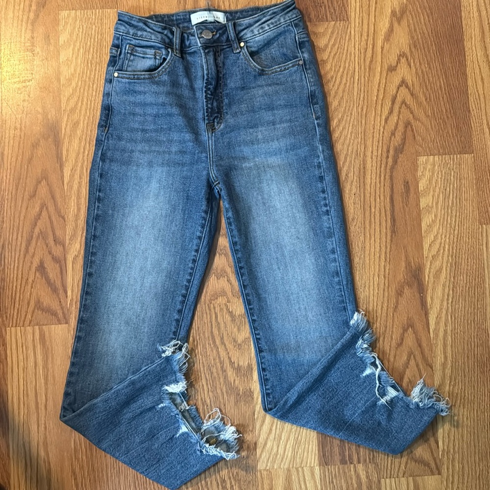 RISEN High-Rise Ankle Frayed Hem Jeans - Blue